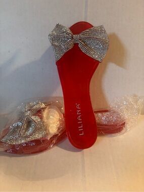 Liliana Red Slide jelly Sandals with Rhinestone Bow